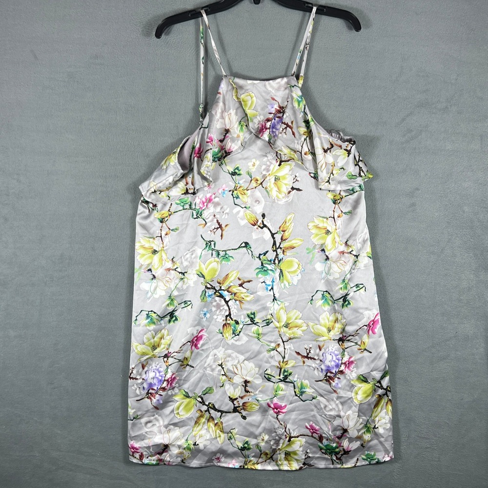 Doe & Rae Womens Cami L Gray Floral Satin Shift Sleeveless Ruffle High Neck